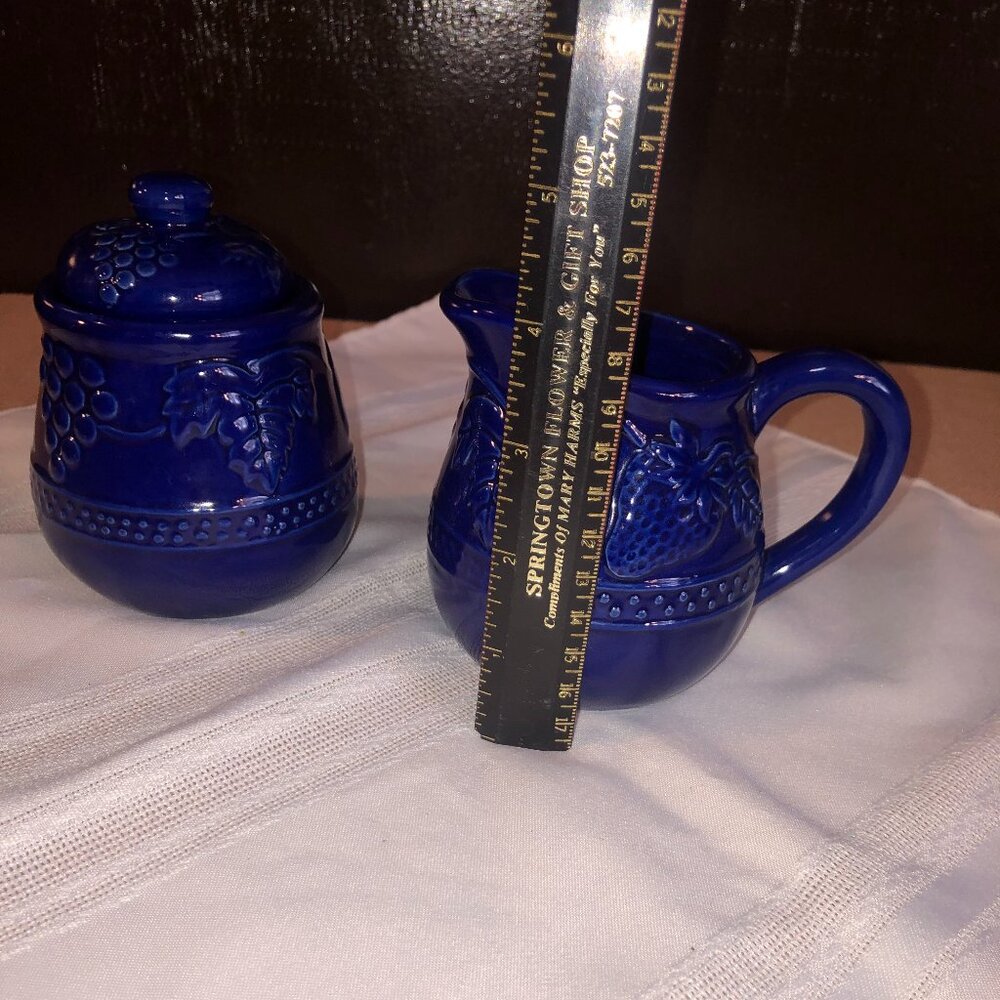 Cobalt Blue Ceramic Creamer Pitcher & Sugar Set featuring embossed fruit design - Picture 5 of 9